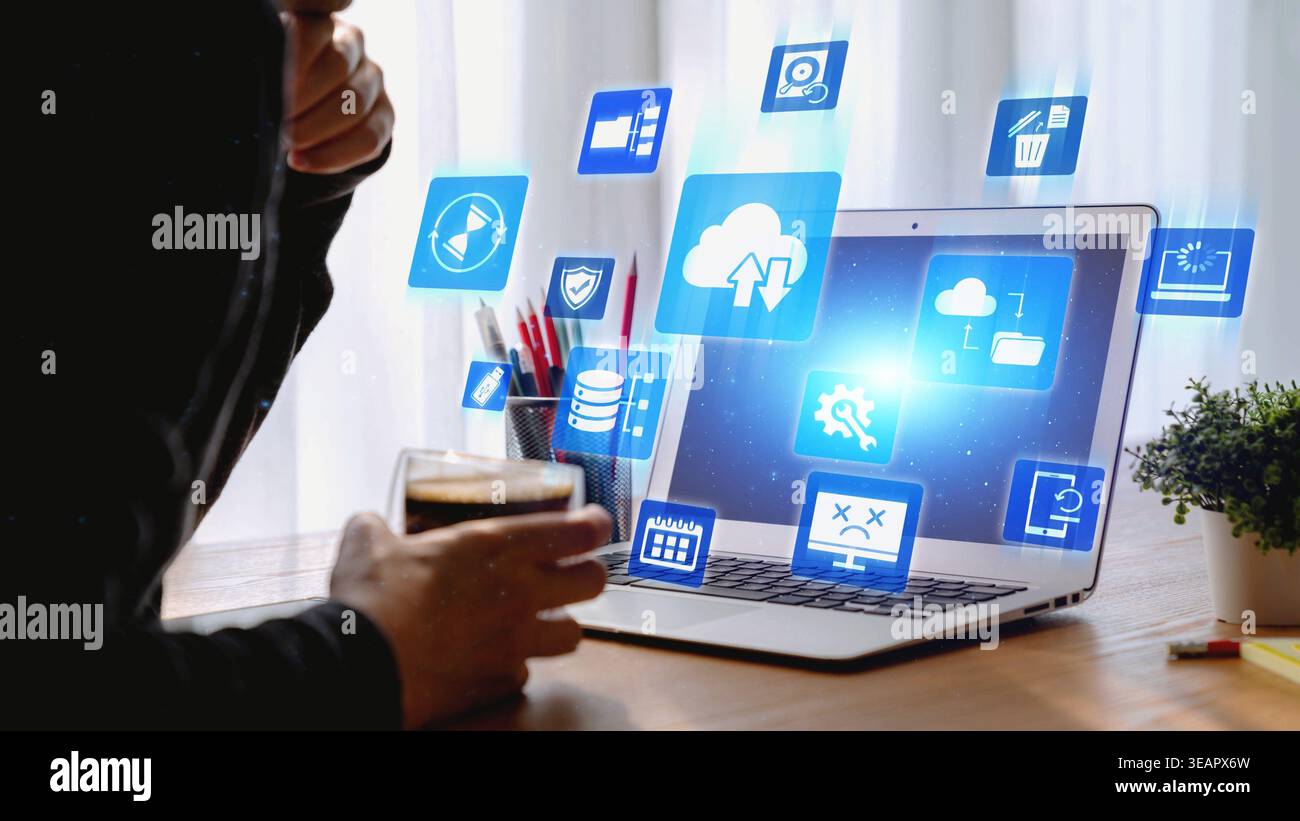 Cloud backup system connects devices through a secure data backup network. Data backup ensures protection, data backup reliability, and recovery. Gist Stock Photo