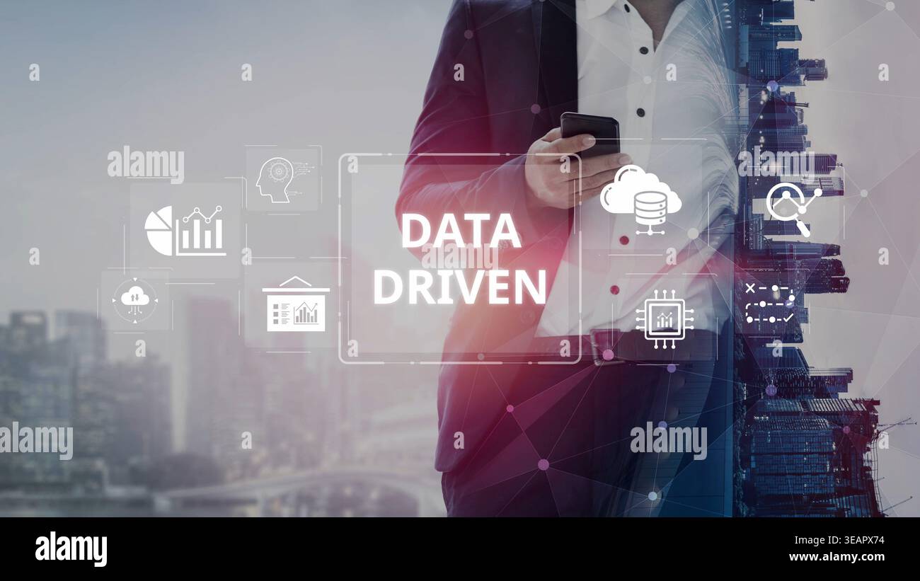 Data-driven decision-making empowers business through analytics, datum collection, and AI systems. Data driven tools support cloud data processing and Stock Photo