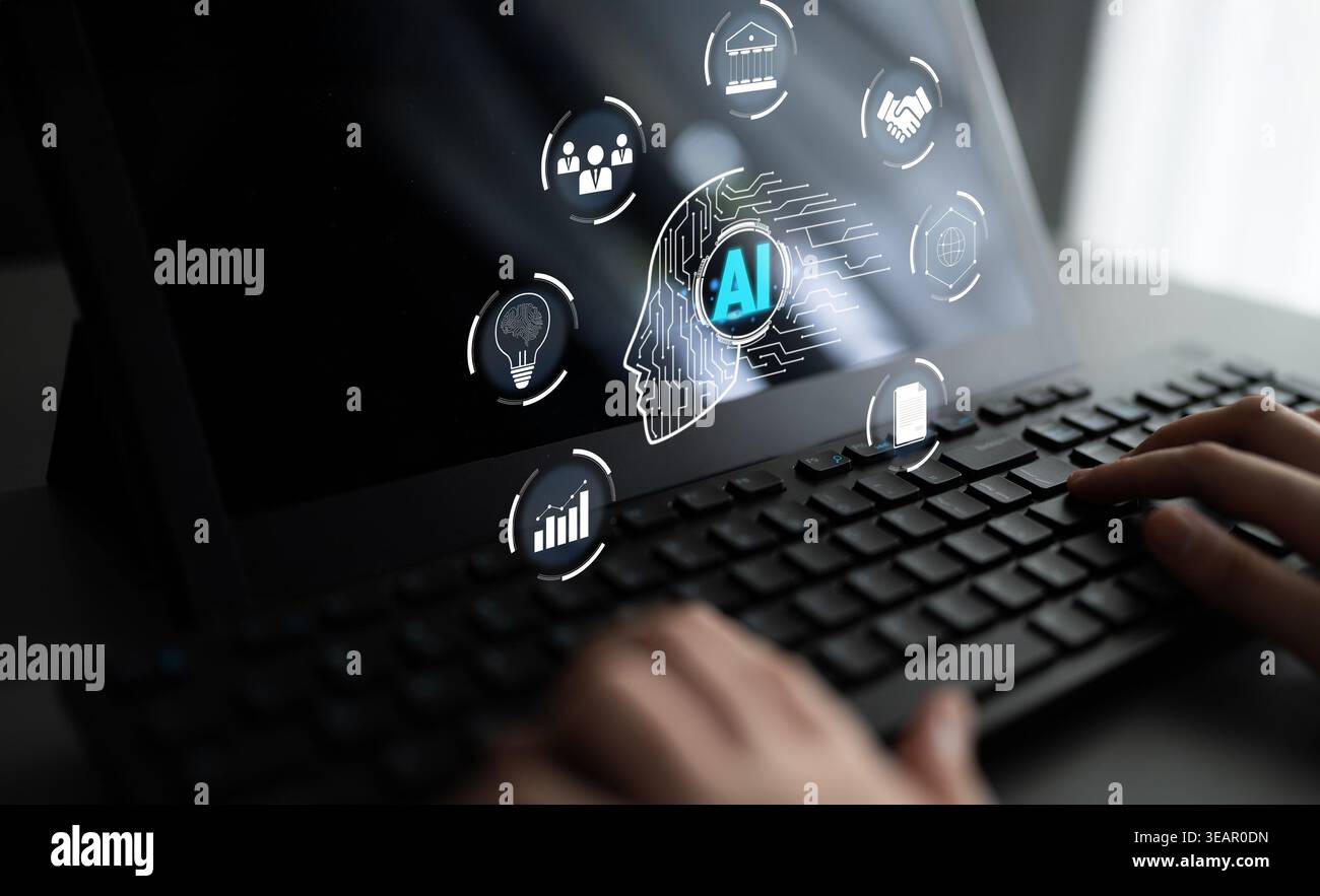 Conceptual Image of Artificial Intelligence Interface on Laptop Screen with Hands Typing, Highlighting Data Analytics and Innovative Technology Stock Photo