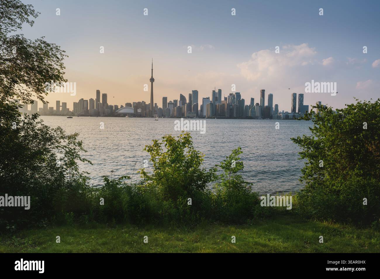 Toronto city skyline on Lake Ontario view from Toronto Islands park - Toronto, Ontario, Canada Stock Photo