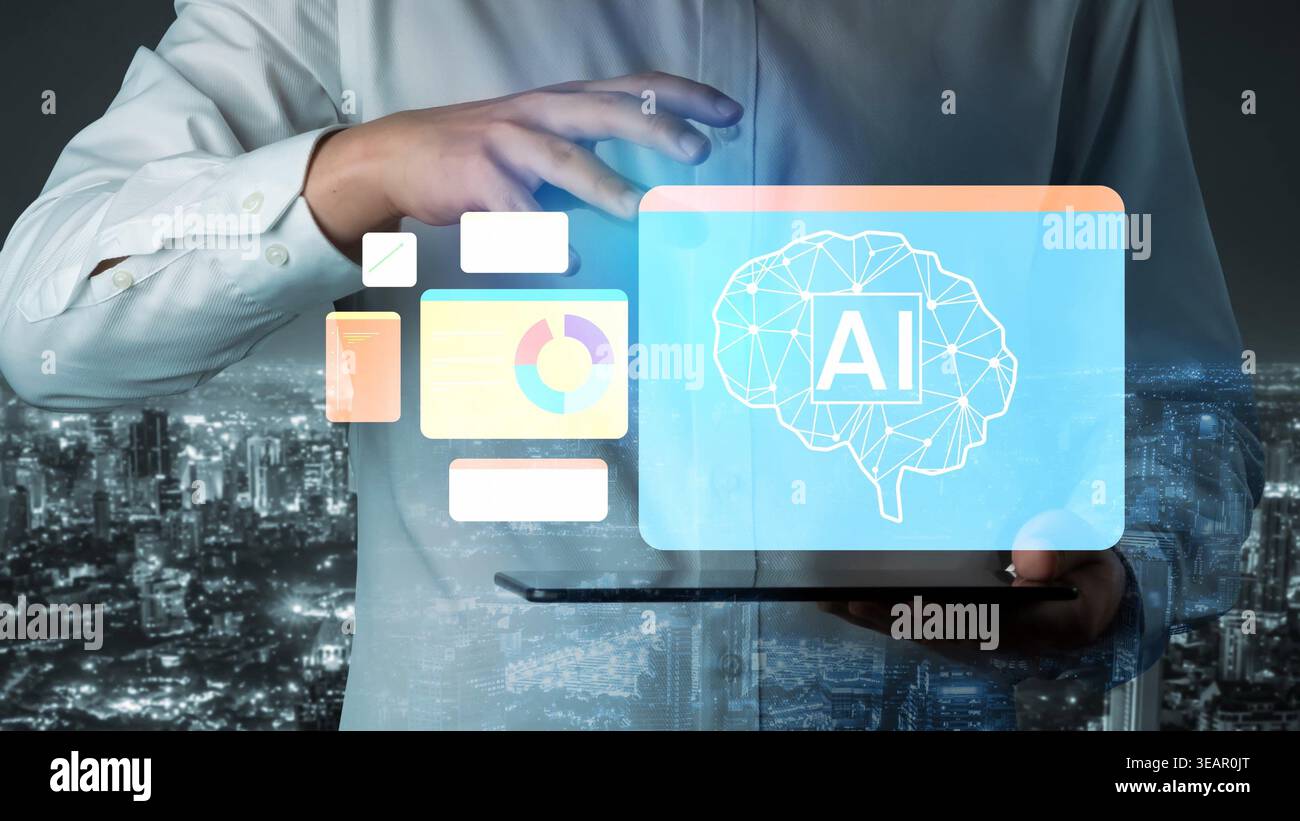 Business professional using digital tablet with artificial intelligence interface on city skyline background showcasing modern technology and Stock Photo