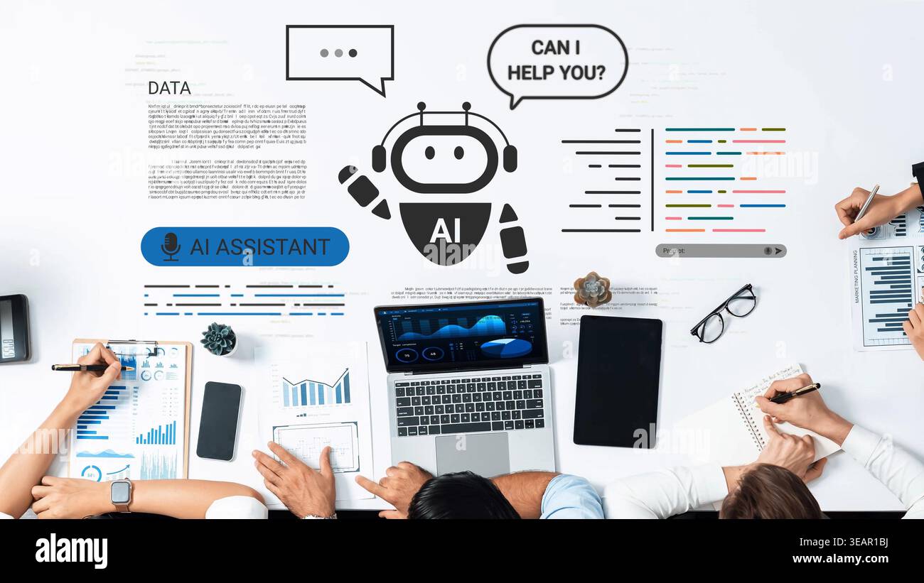 Collaborative workspace with AI assistant concept featuring diverse hands and digital interfaces displaying data analysis and friendly chatbot Stock Photo