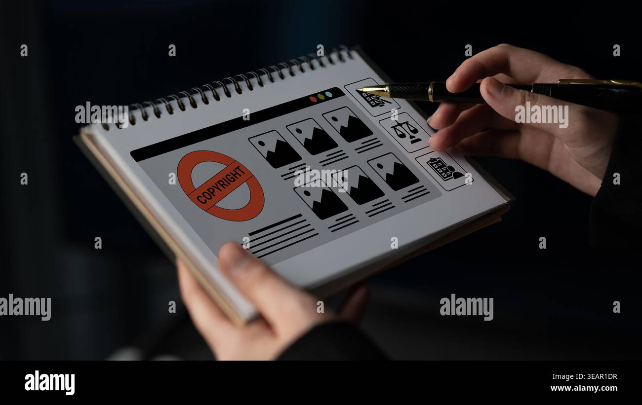 A creative visual representation of copyright protection featuring hands holding a notepad with image thumbnails and legal symbols, showcasing the Stock Photo
