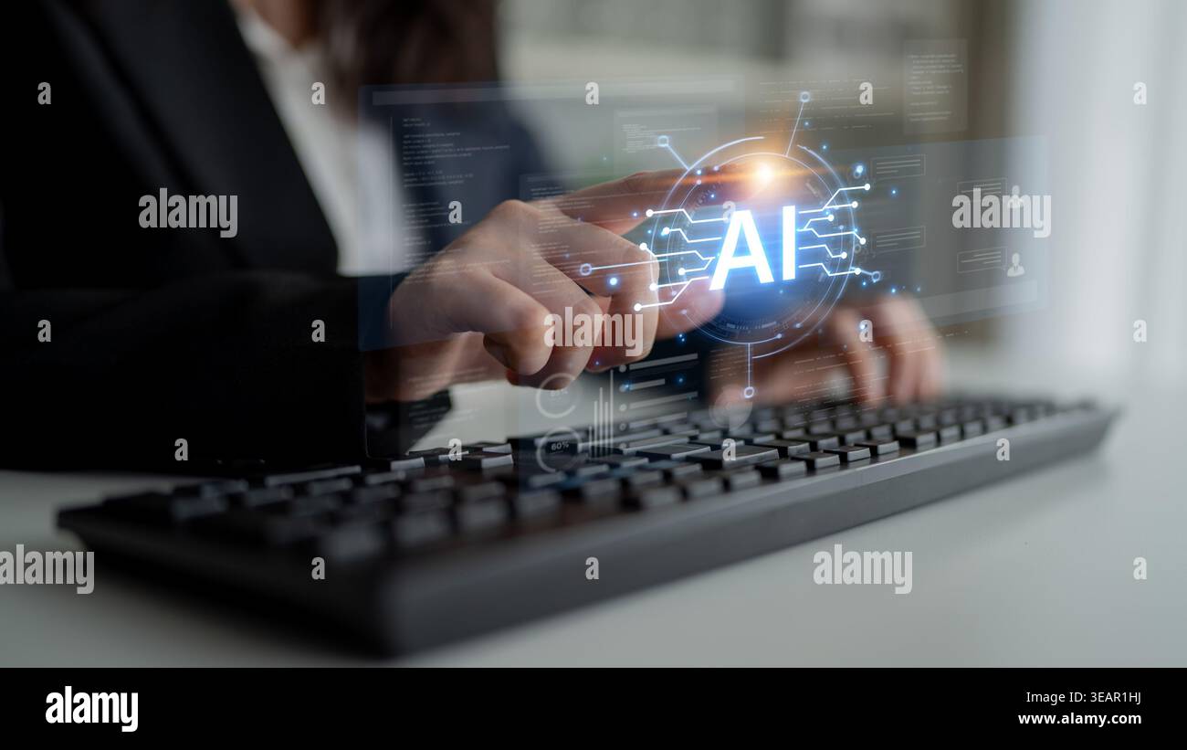 Futuristic software development concept featuring AI pair programmer, automated AI code generation, and real-time AI debugging. Ideal for DevOps and Stock Photo