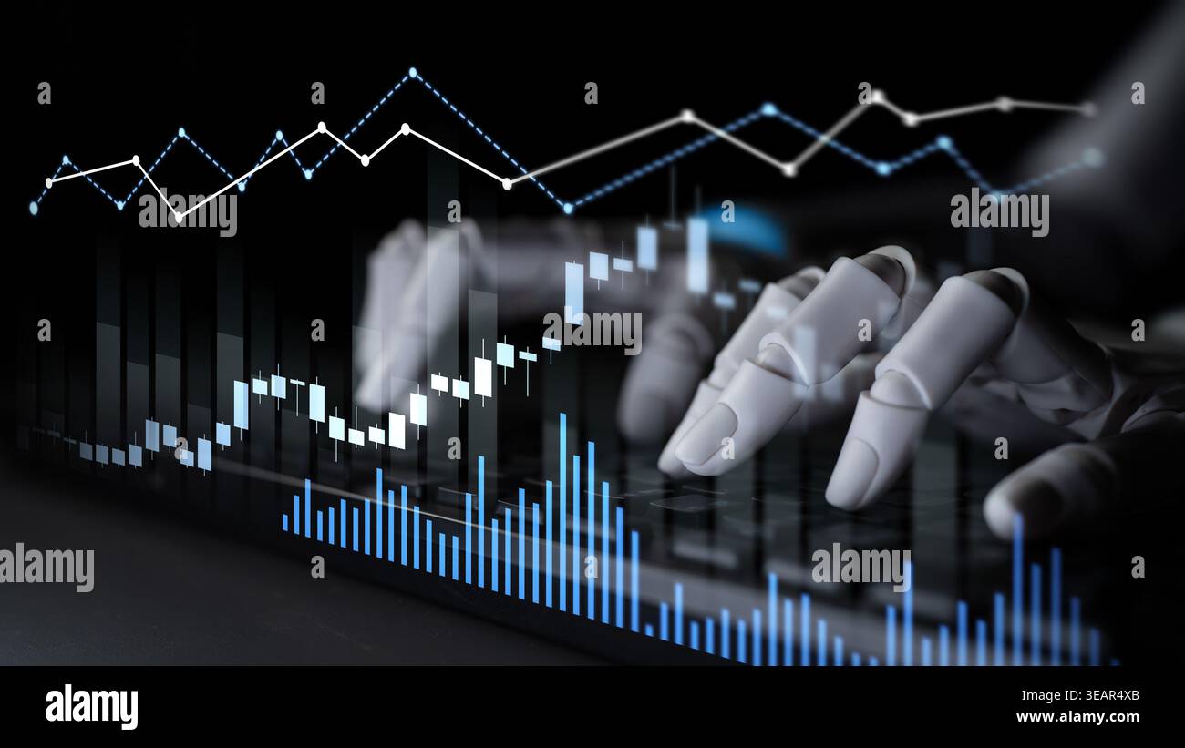 A robotic hand interacts with dynamic financial data on a virtual interface, showcasing the intersection of technology, automation, and analytics in Stock Photo