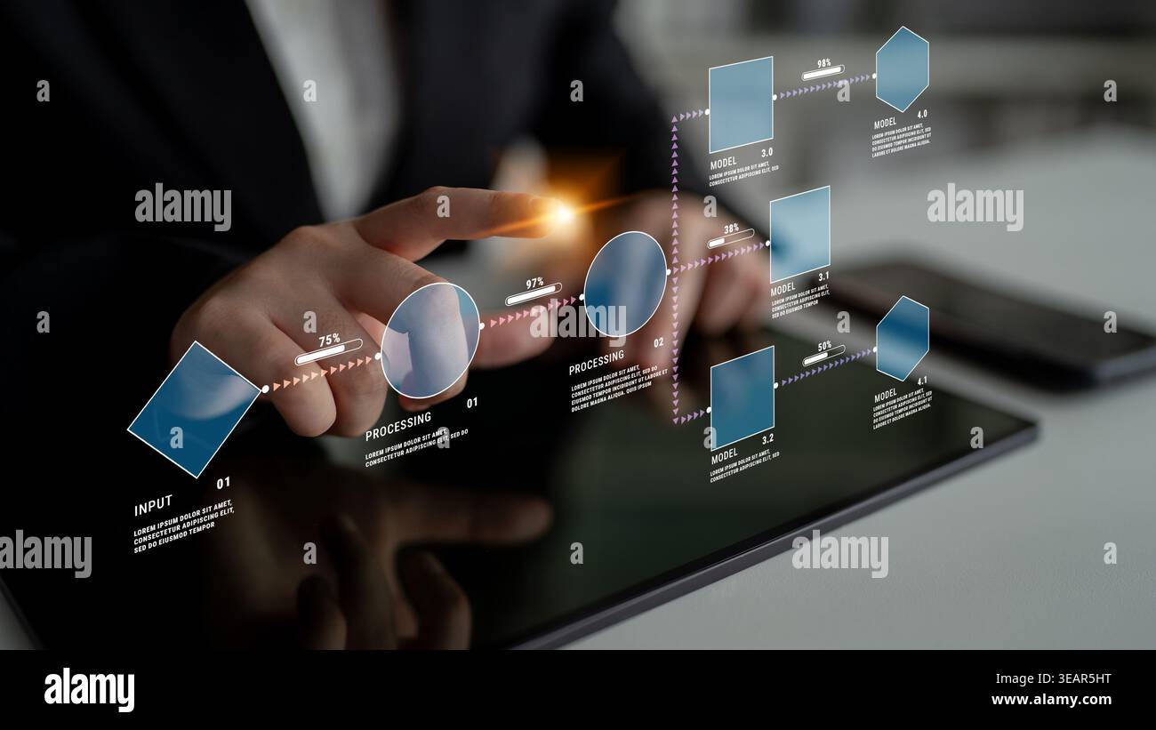 Person Interacting with Digital Graphical Interface on Tablet in Modern Office Environment Showcasing Workflow Process and Data Visualization Quark. Stock Photo