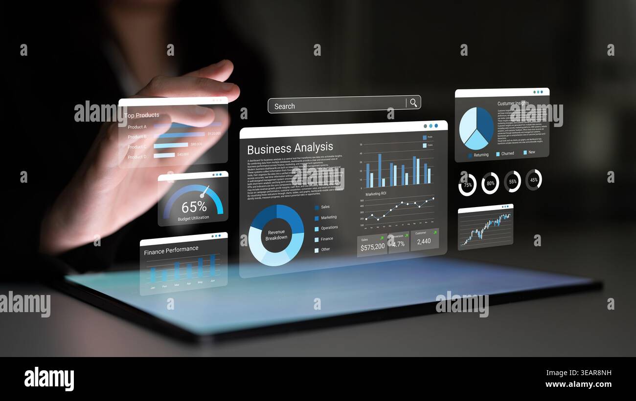 Explore a futuristic view of business analysis featuring a digital interface with advanced data visualization tools in a modern workspace for enhanced Stock Photo