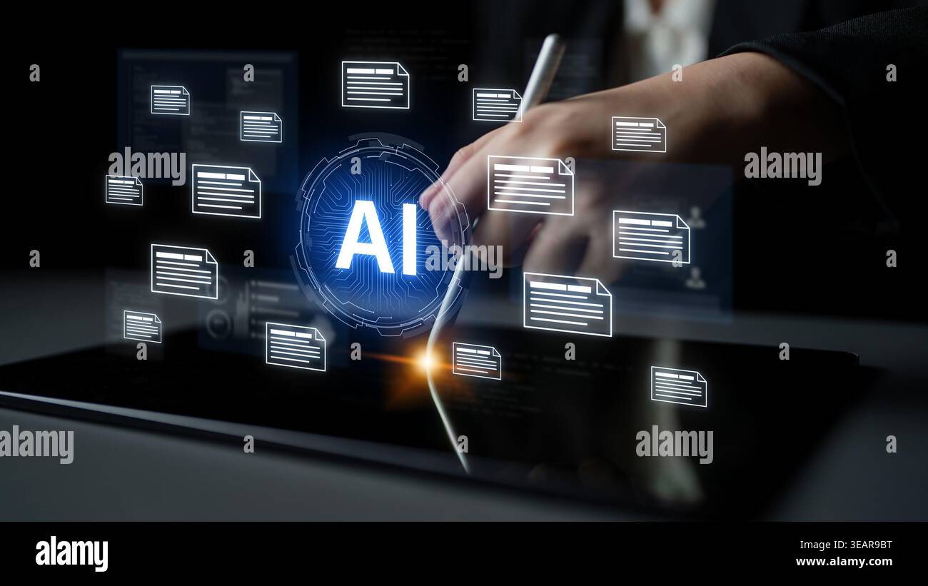 AI document automation concept with floating files and knowledge cards. Document NLP processing, search, document summarization, LLM document Stock Photo