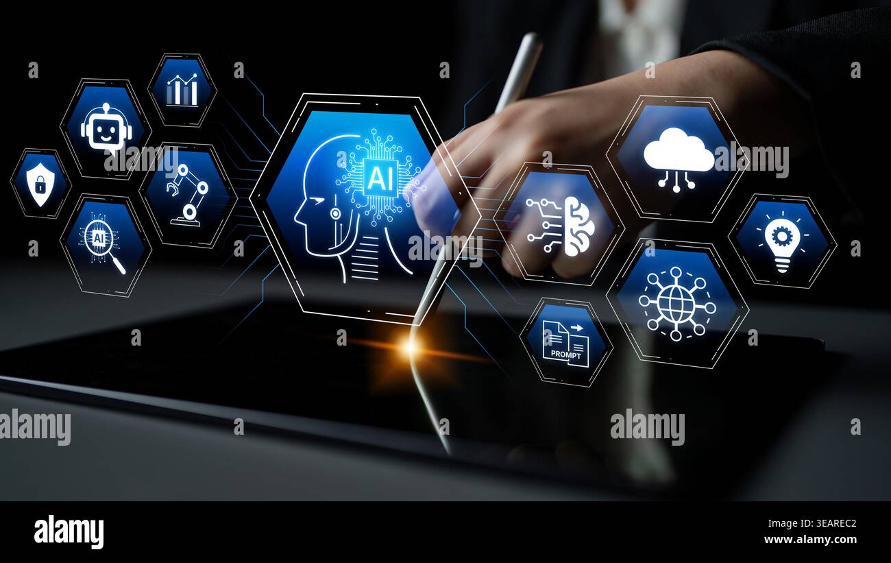 Artificial intelligence use case concept linking analytics, security, cloud services and operations for modern organizations. Corpus Stock Photo