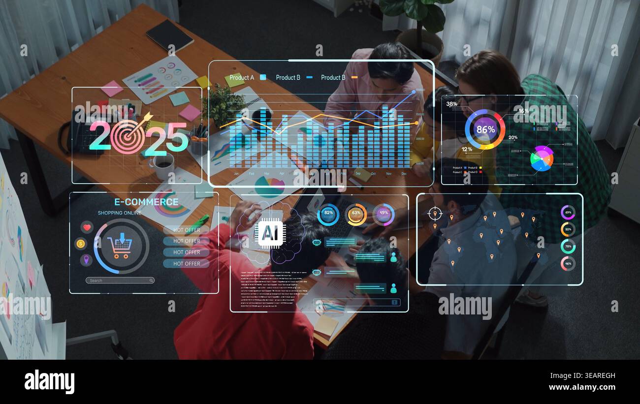 A diverse team collaborates on an e-commerce strategy using advanced data analytics and interactive dashboard visuals, focusing on future growth for Stock Photo