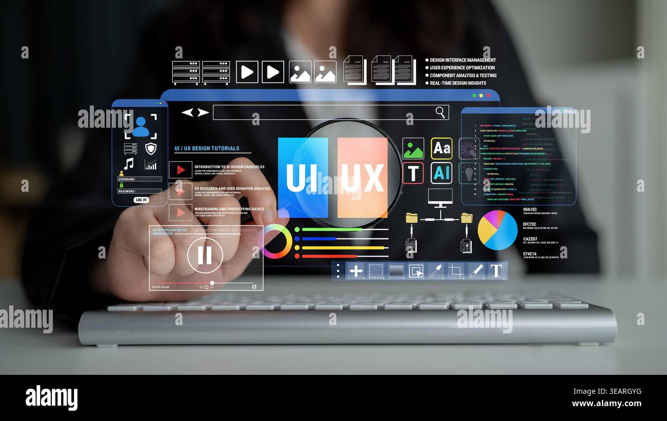 Modern User Interface and Experience Design Tools with Interactive Elements and Visual Data Representation for Digital Projects Fluxor. Stock Photo