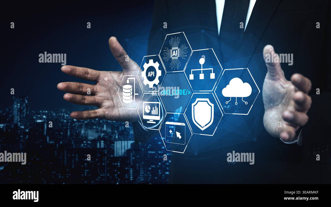 Businessman Presenting Futuristic Technology Concepts of No Code, API Integration, AI Solutions, Data Security, and Cloud Computing in a Night Stock Photo