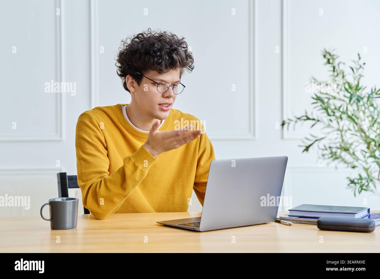 Young man freelancer or student using laptop for video call, at home office Stock Photo