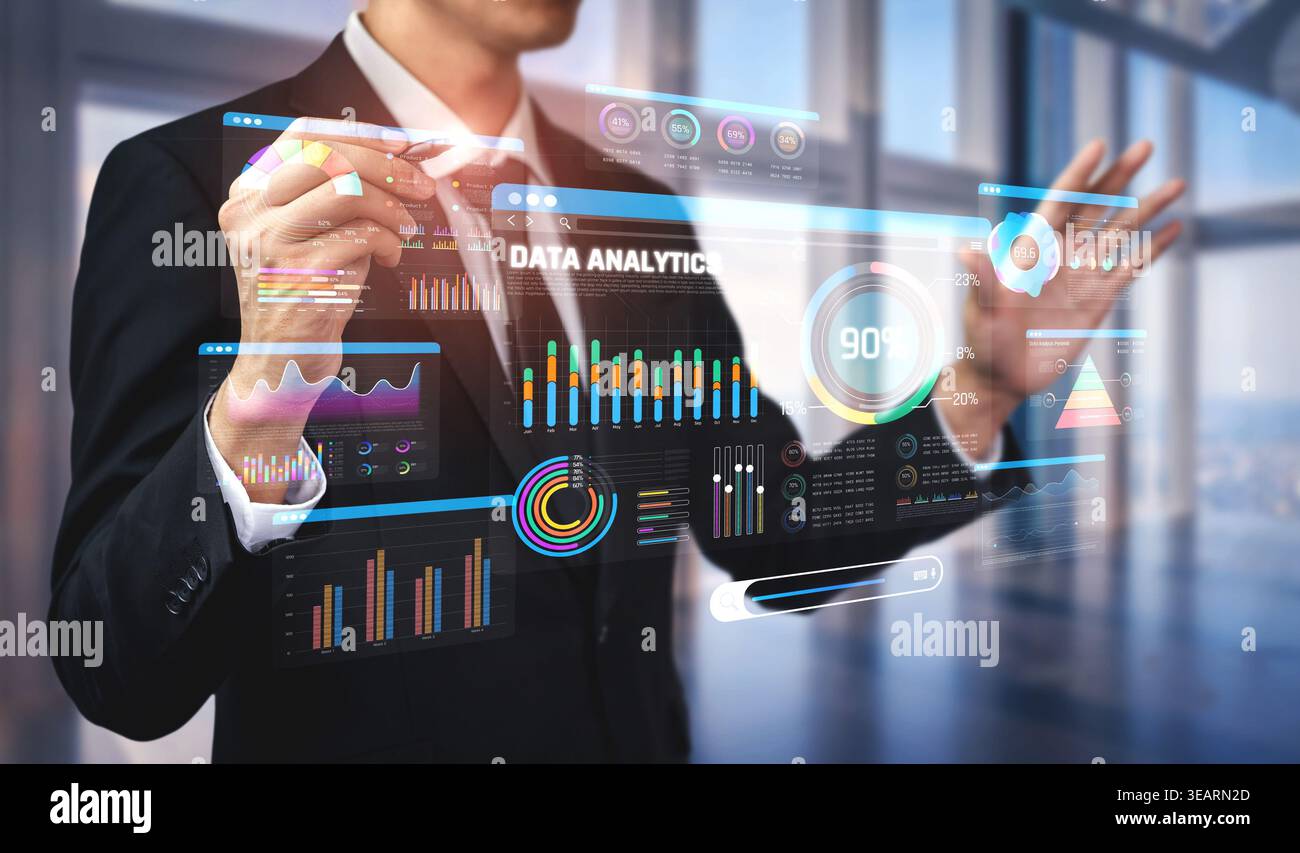 Business Professional Interacting with Touchscreen Display of Data Analytics and Visualization in Modern Office Environment Sigmoid Stock Photo