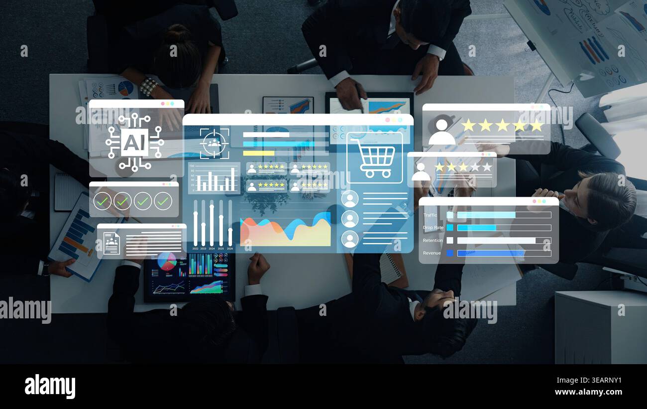 A diverse business team engages in a collaborative meeting, utilizing advanced technology and data analytics tools to drive strategic decisions in a Stock Photo