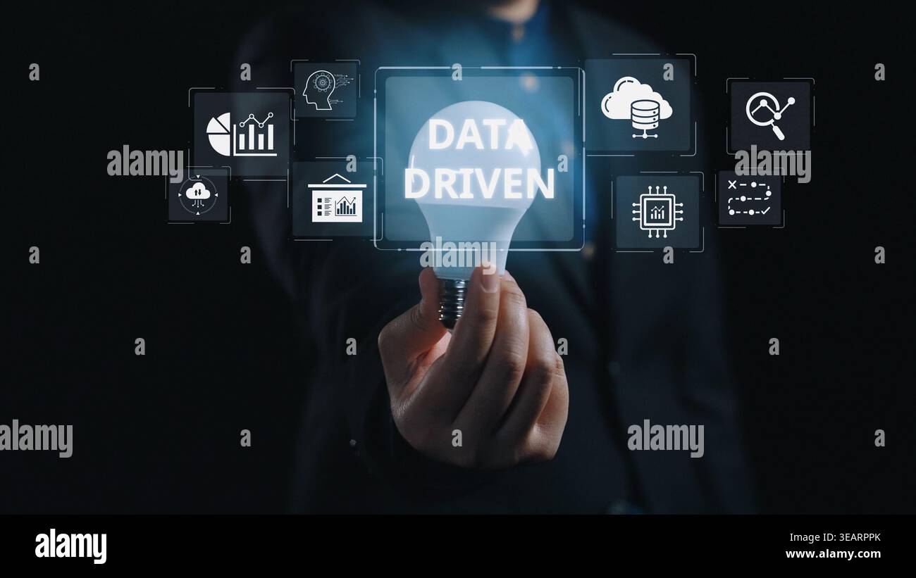 Data-driven decision-making empowers business through analytics, datum collection, and AI systems. Data driven tools support cloud data processing and Stock Photo