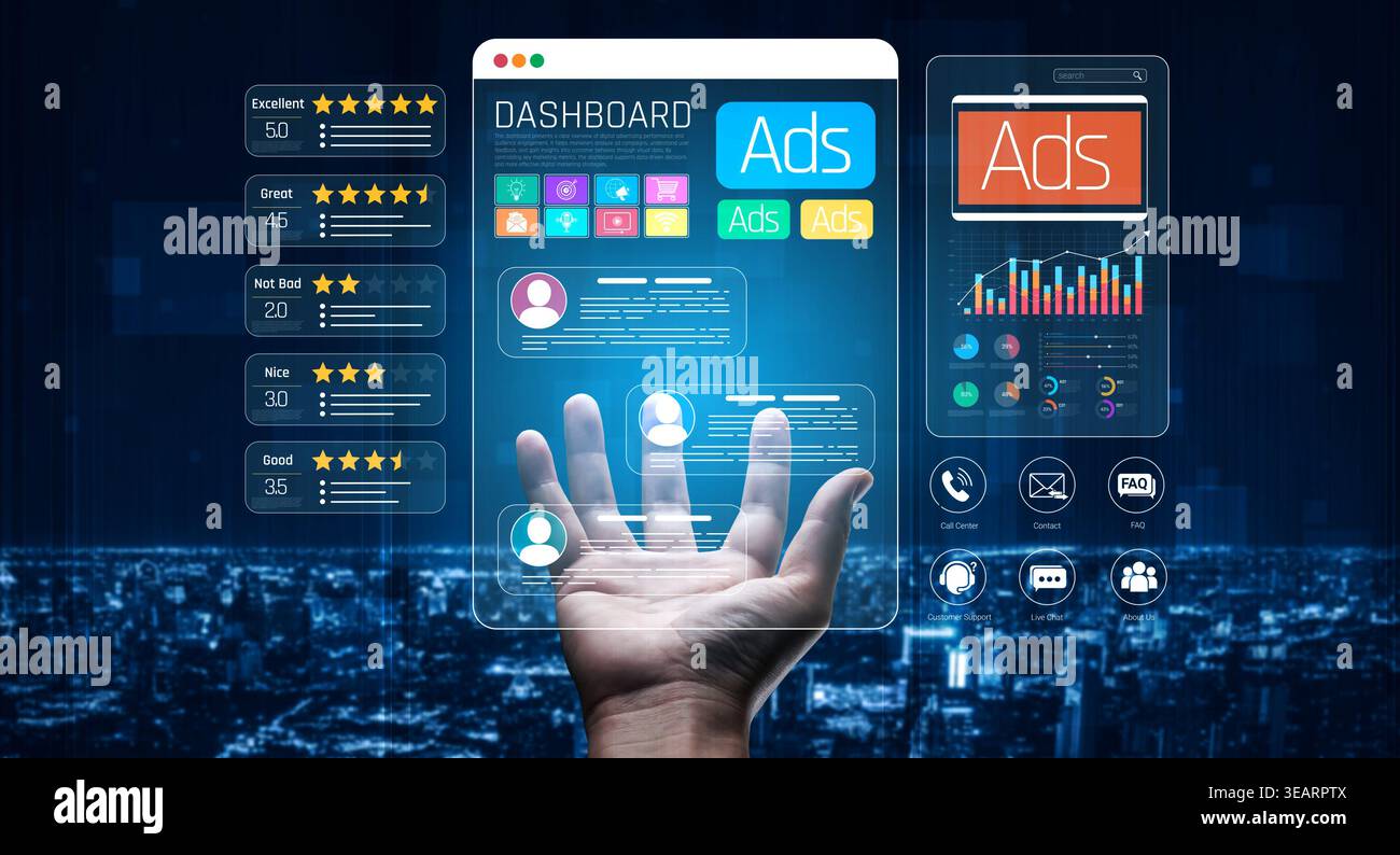 Interactive Digital Dashboard Interface Displaying Advertising Data and Analytics with Hand Gesture Overlay on City Background Sigmoid Stock Photo