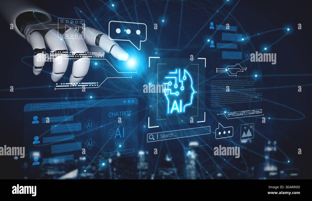 AI chatbot system analyzing user interactions and automating real-time responses, combining data-driven insights with intelligent communication Stock Photo
