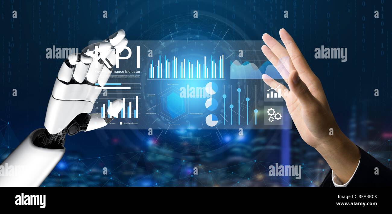 A captivating image showcasing the interaction between a robotic hand and a human hand, displaying a digital interface filled with analytics and data Stock Photo