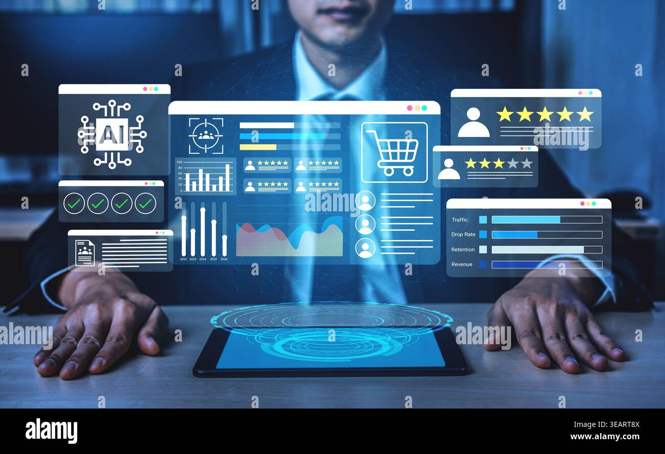 A businessman engages with a futuristic interface displaying data analytics, AI insights, and e-commerce metrics in a sleek, modern office environment Stock Photo