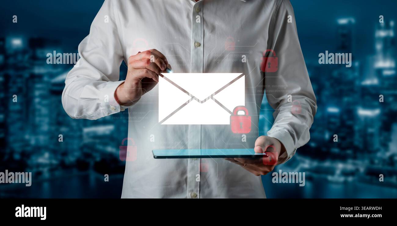 Concept of email security and cybersecurity for confidential communication. Message encryption ensures data privacy and protection from unauthorized Stock Photo