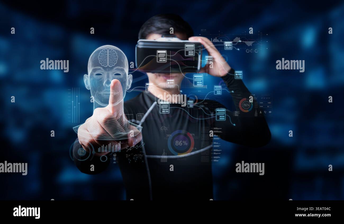 Explore a cutting-edge virtual reality experience showcasing human interaction with advanced analytics and artificial intelligence, highlighting Stock Photo