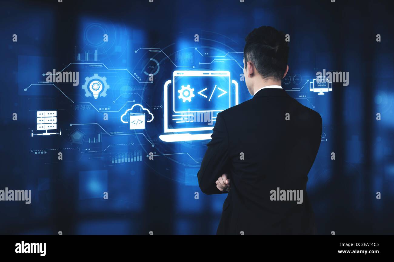 Modern web development concept featuring coding symbols, web development process, web development interface, and web development tools with futuristic Stock Photo