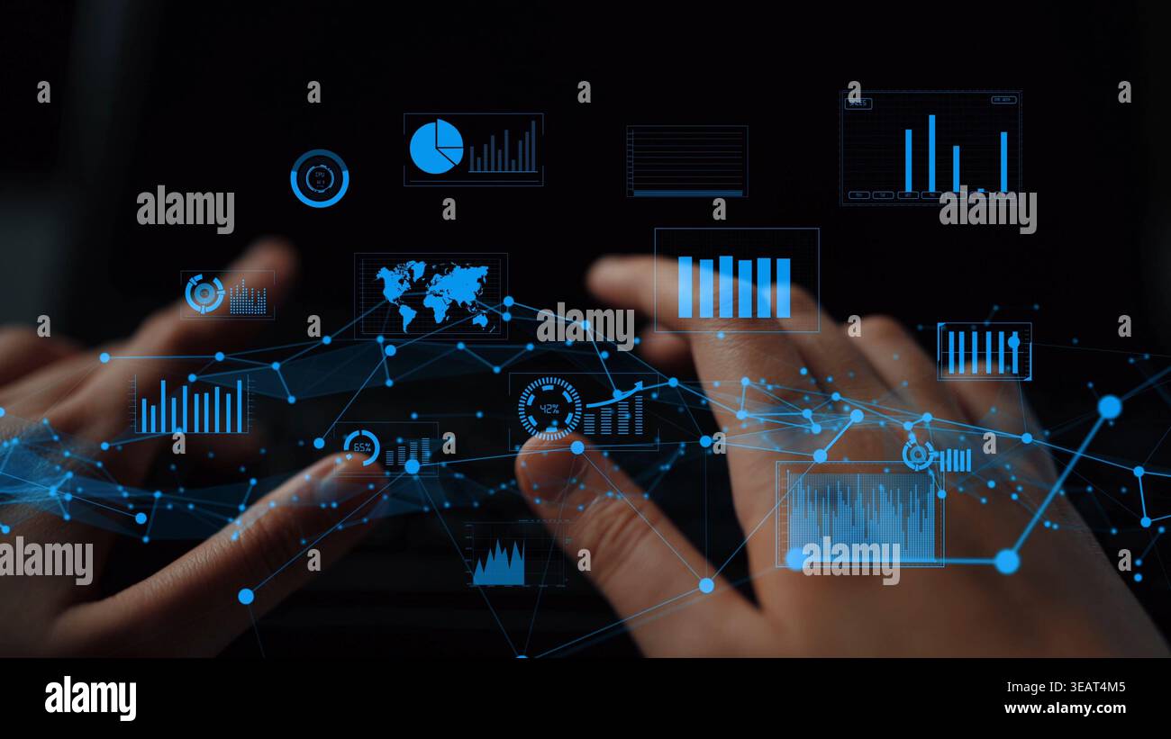 A close-up of hands interacting with digital visualizations and graphs on a laptop screen, symbolizing analytics, technology, and the digital Stock Photo