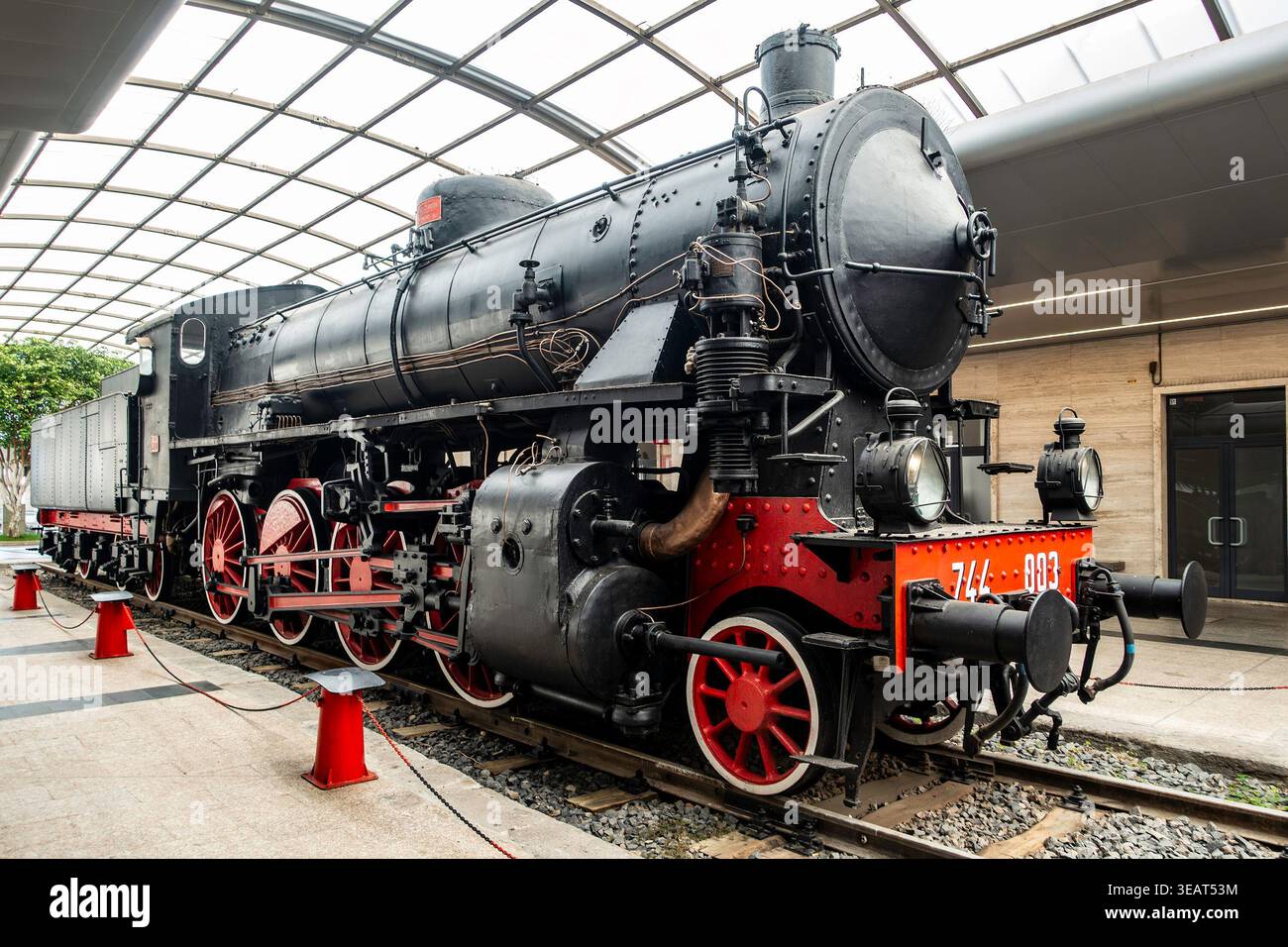 Italian steam locomotive in the station of Turin Ponte Mosca