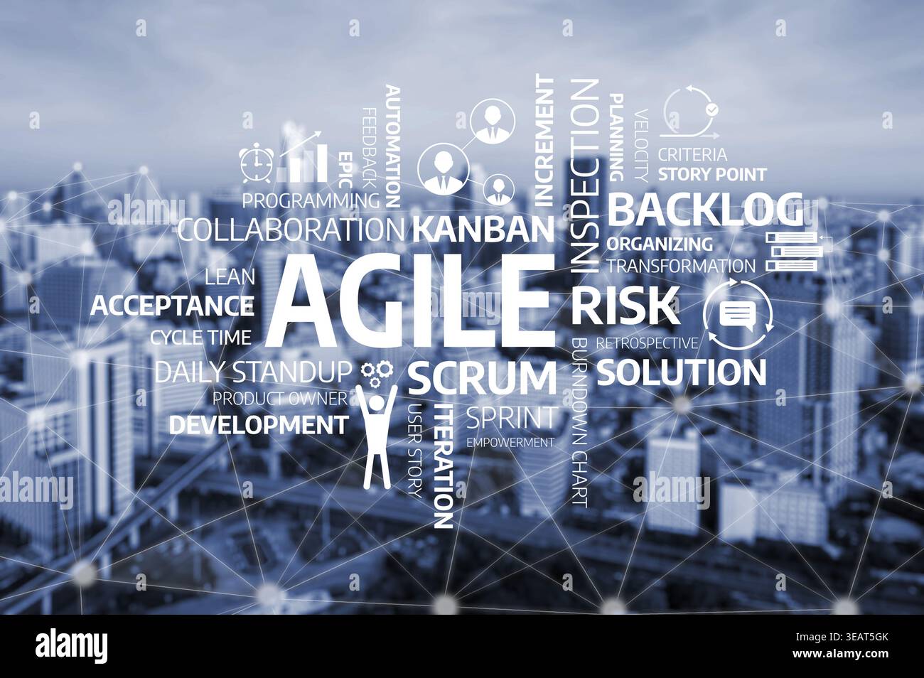 A visual representation of agile methodology concepts in project management, showcasing key terms and icons related to kanban, scrum, and team Stock Photo