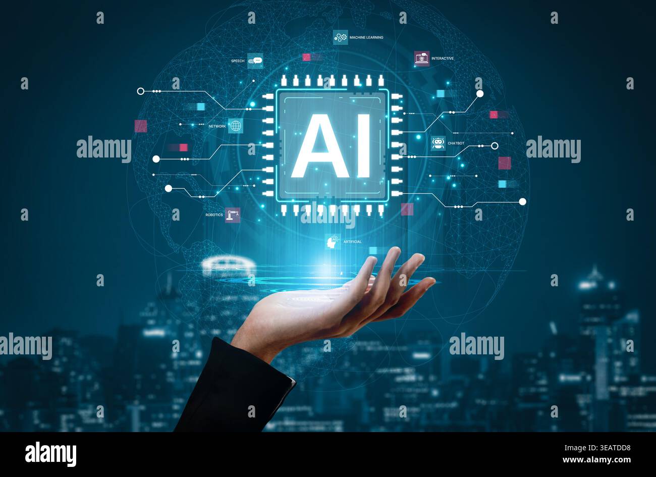 A technical diagram illustrating the core capabilities of Artificial Intelligence. This includes machine learning, robotics, speech recognition, and Stock Photo