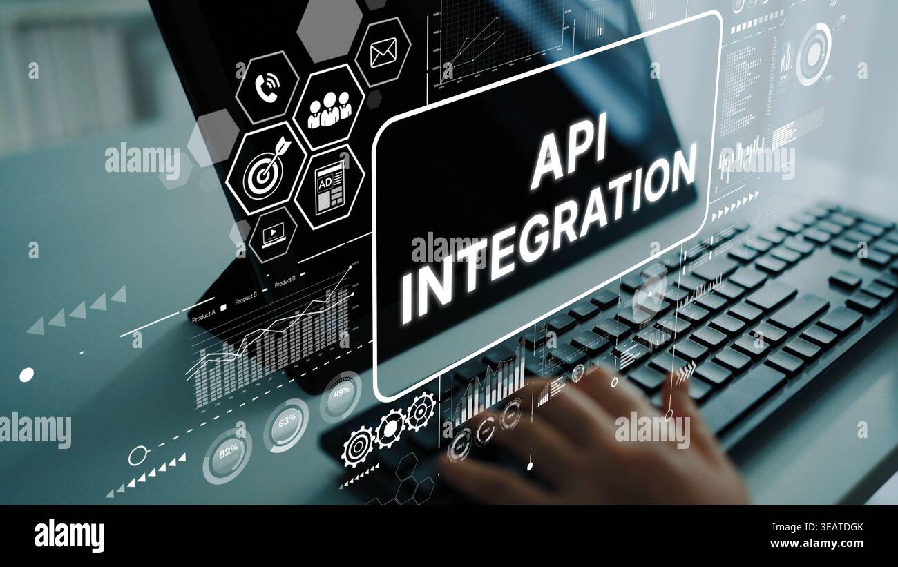 API Integration with Modern Technology Interface for Software Development and Data Connection Solutions. Asymptotic smart data analytic. Stock Photo