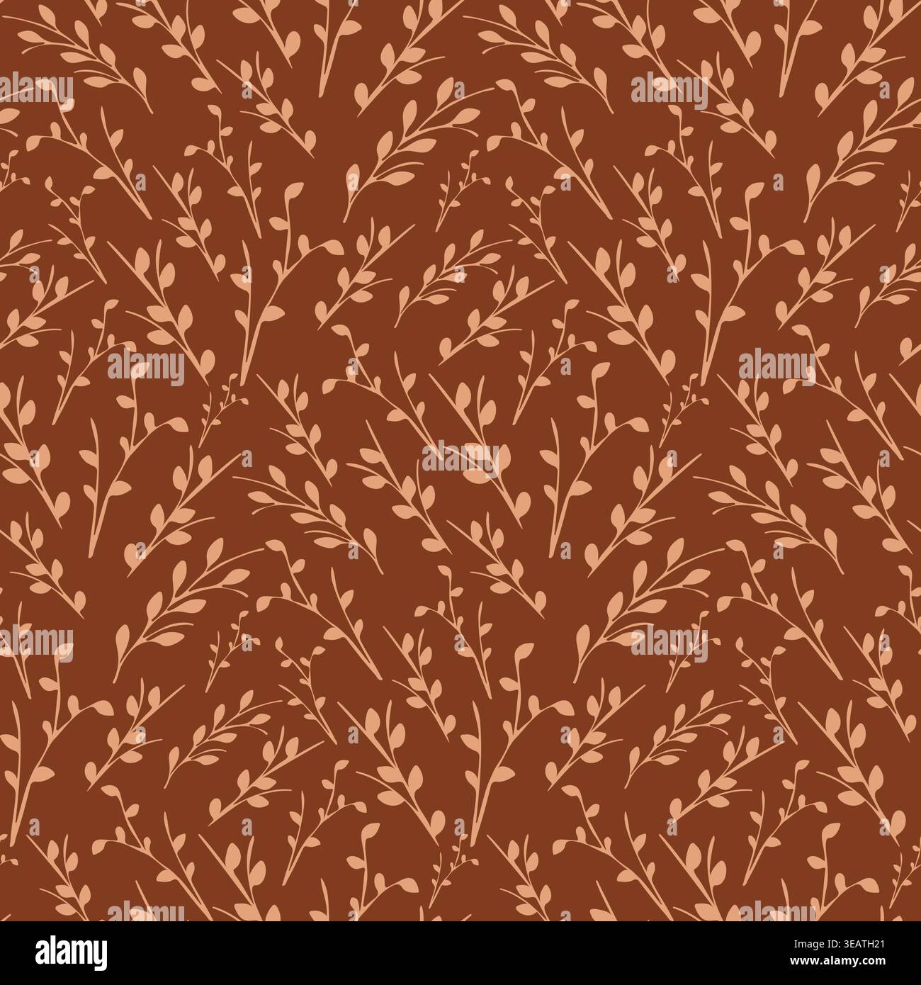 Seamless pattern featuring delicate light brown leafy branches scattered on a deep brown background. Stock Vector