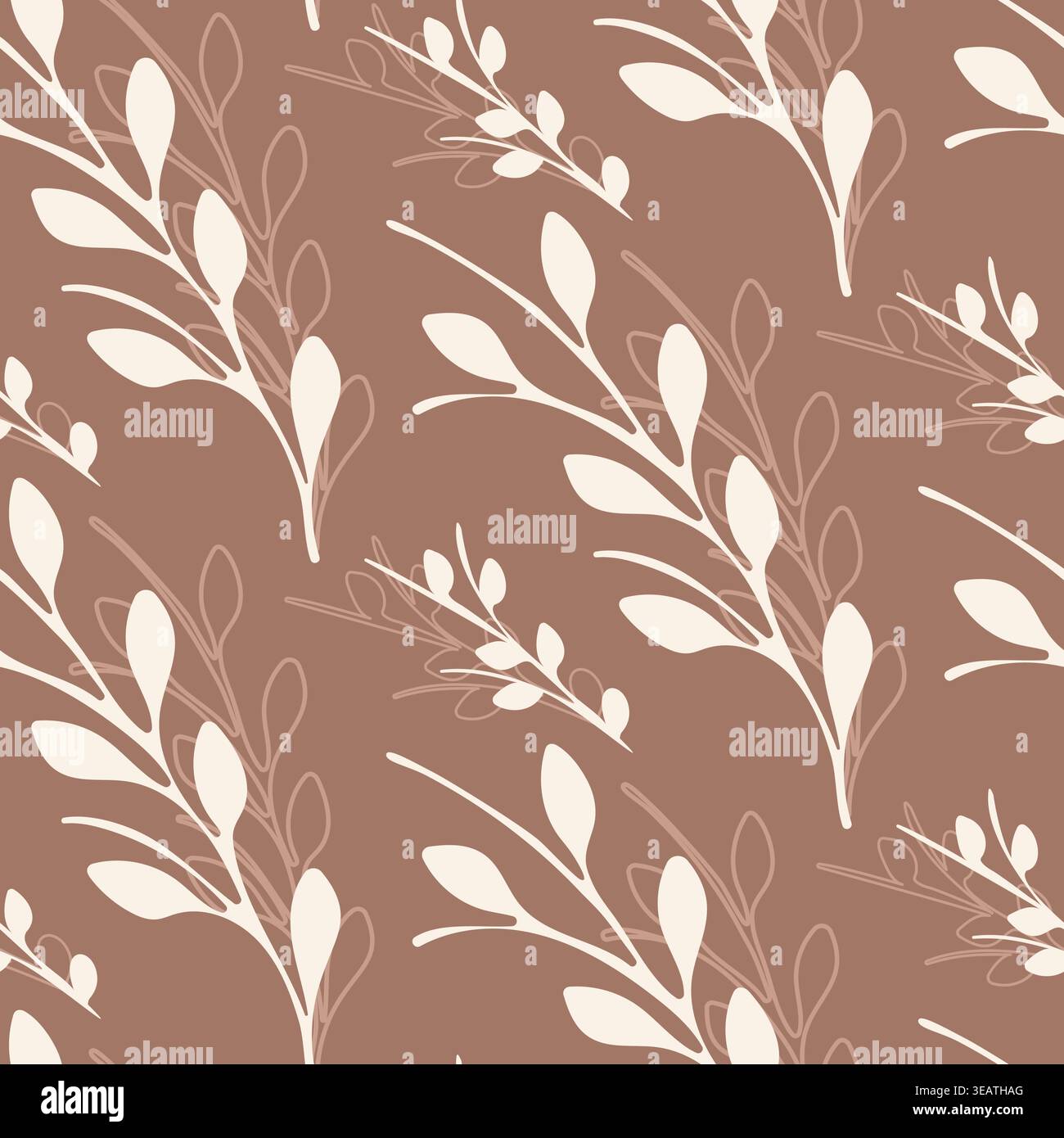 A beautiful seamless floral pattern displays cream colored leaves and branches. It features both solid and outline leaf shapes on a warm brown background. Stock Vector