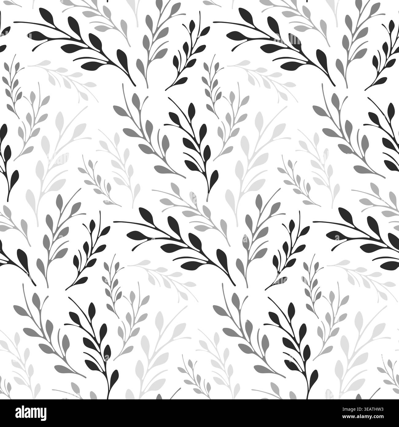 Branches with simple leaves form a continuous monochrome pattern. Dark and light gray elements overlap on a clean white background, creating visual depth. Stock Vector