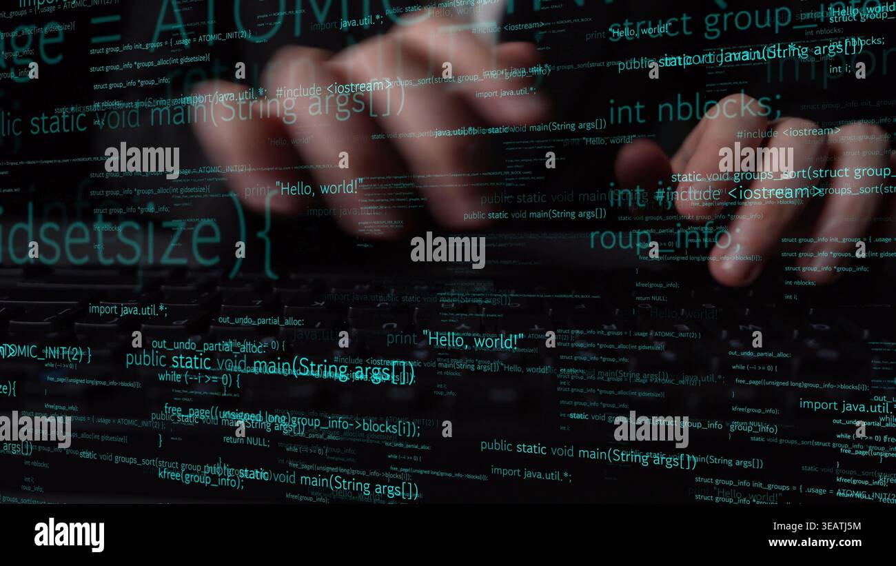 Hands typing on a keyboard are overlaid with computer code, symbolizing the dynamic world of programming and modern software development. Xenic Stock Photo