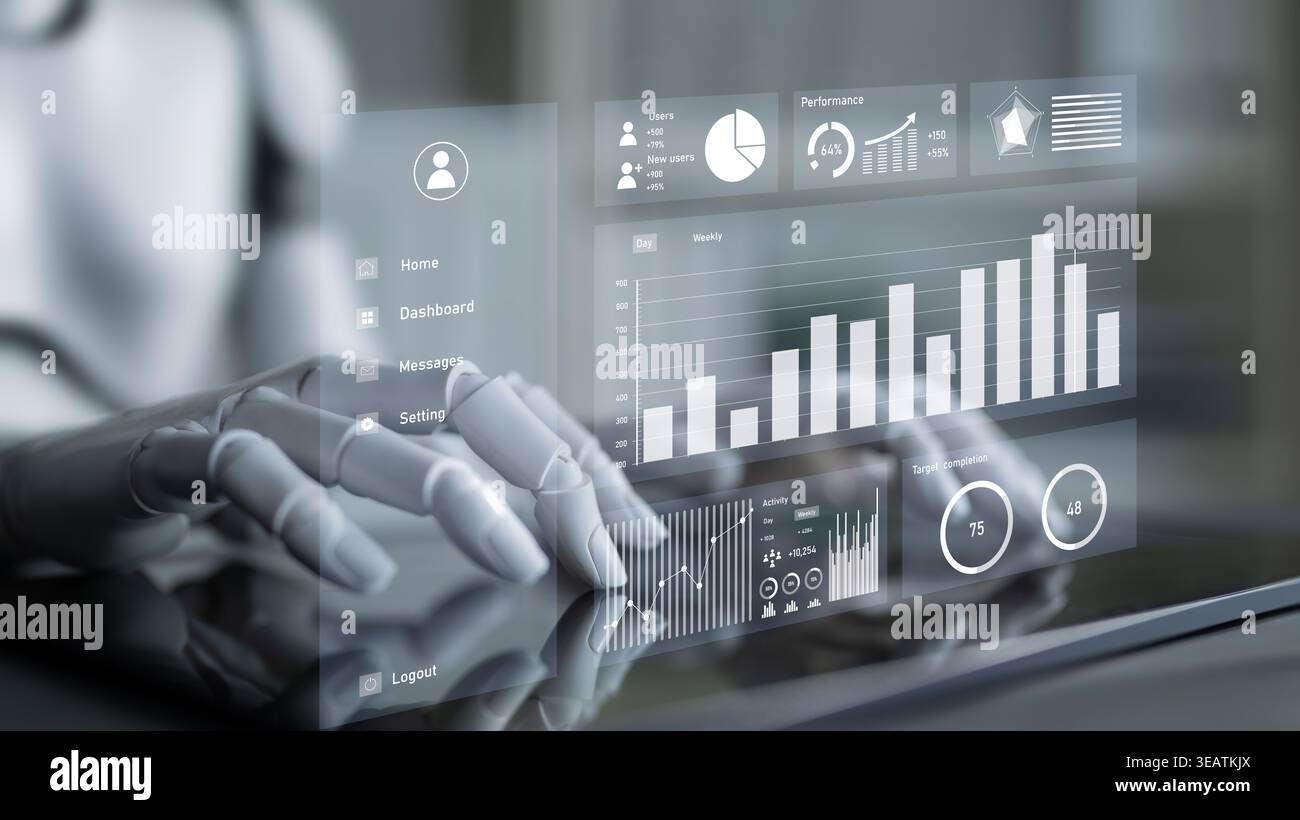 A humanoid robot interacts with a sleek digital interface. The display showcases various analytics and performance data visualizations, highlighting Stock Photo