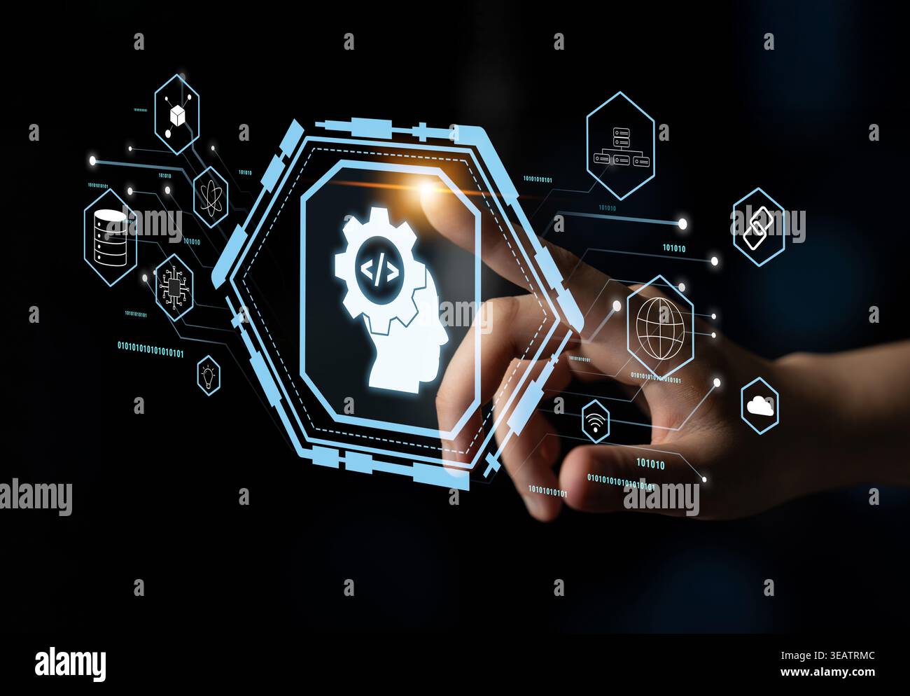 AI machine learning and software development for modern technology solutions. A concept of coding, data science, and algorithm engineering. Motif Stock Photo