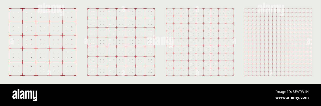Square grid collection dashed plus geometry, four samples blueprint style. Broken stroke lattice structure, interface layouts editorial compositions planning sheets digital technology graphics.  Stock Vector
