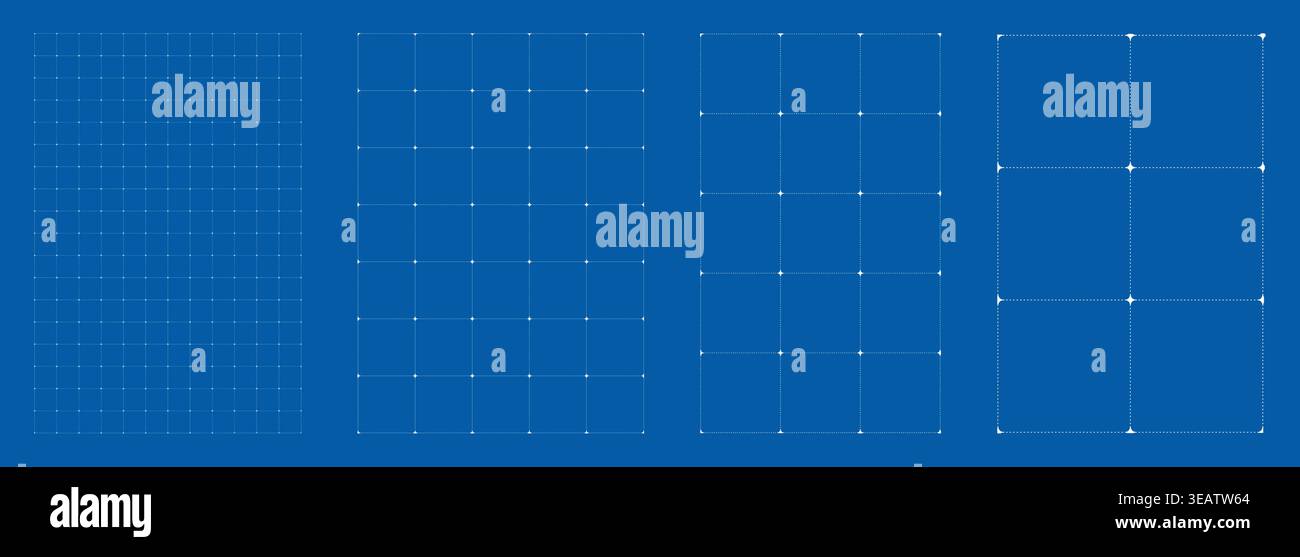 Blueprint grid set dashed line Star geometry, four scale variations. Wide medium dense micro spacing comparison, engineering layouts dashboards notebook pages interface planning technology graphics. Stock Vector