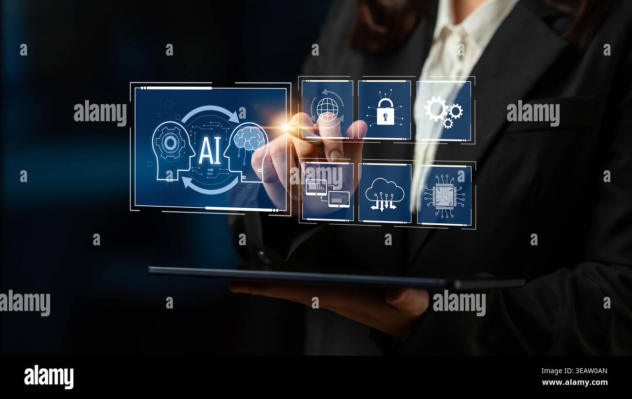 AI system integration improves artificial intelligence platform. AI system integration enhances automation, secures data, supports cloud, and AI Stock Photo