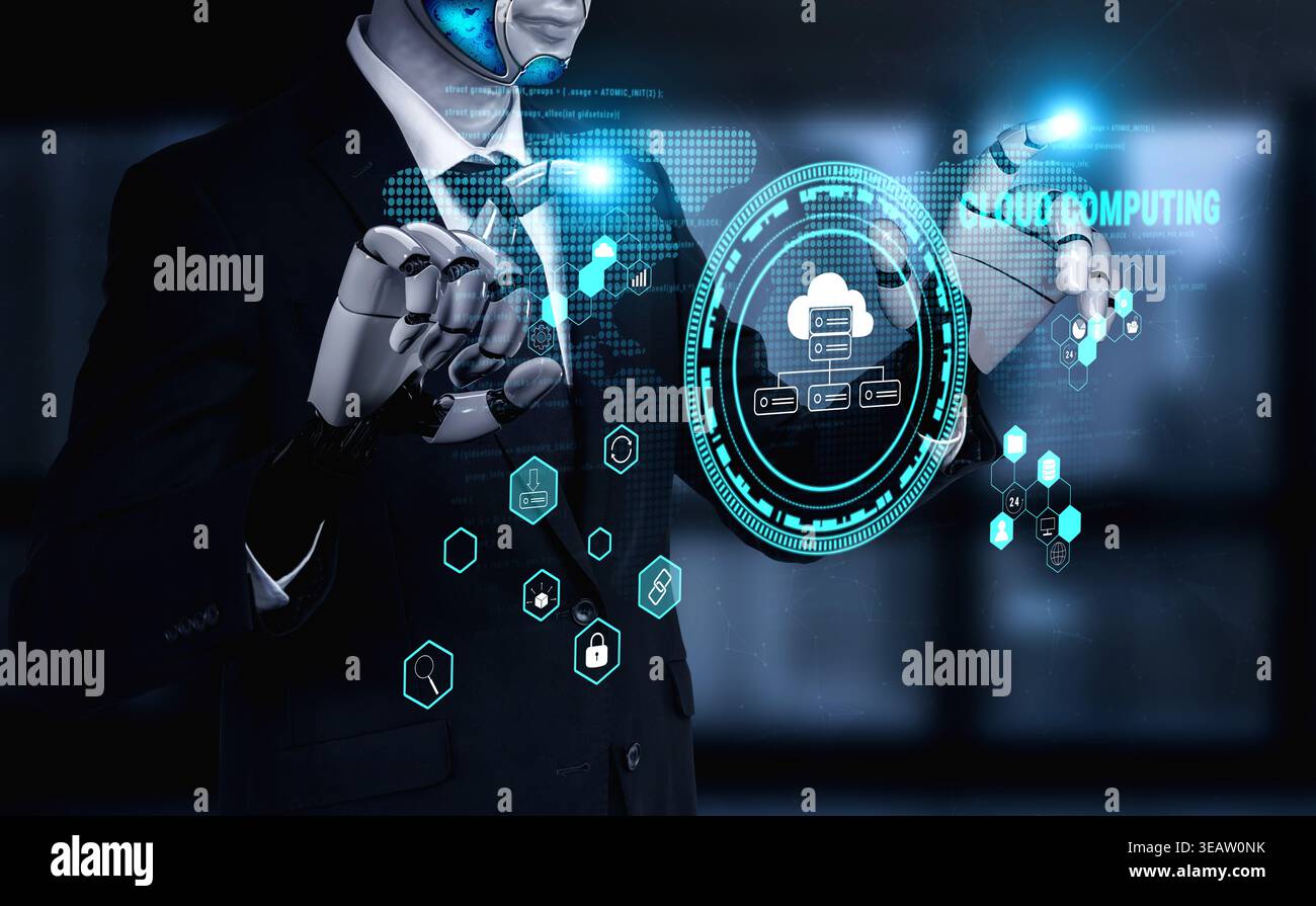 AI on a global cloud computing platform providing services for software development. A worldwide network for AI data storage and application hosting Stock Photo
