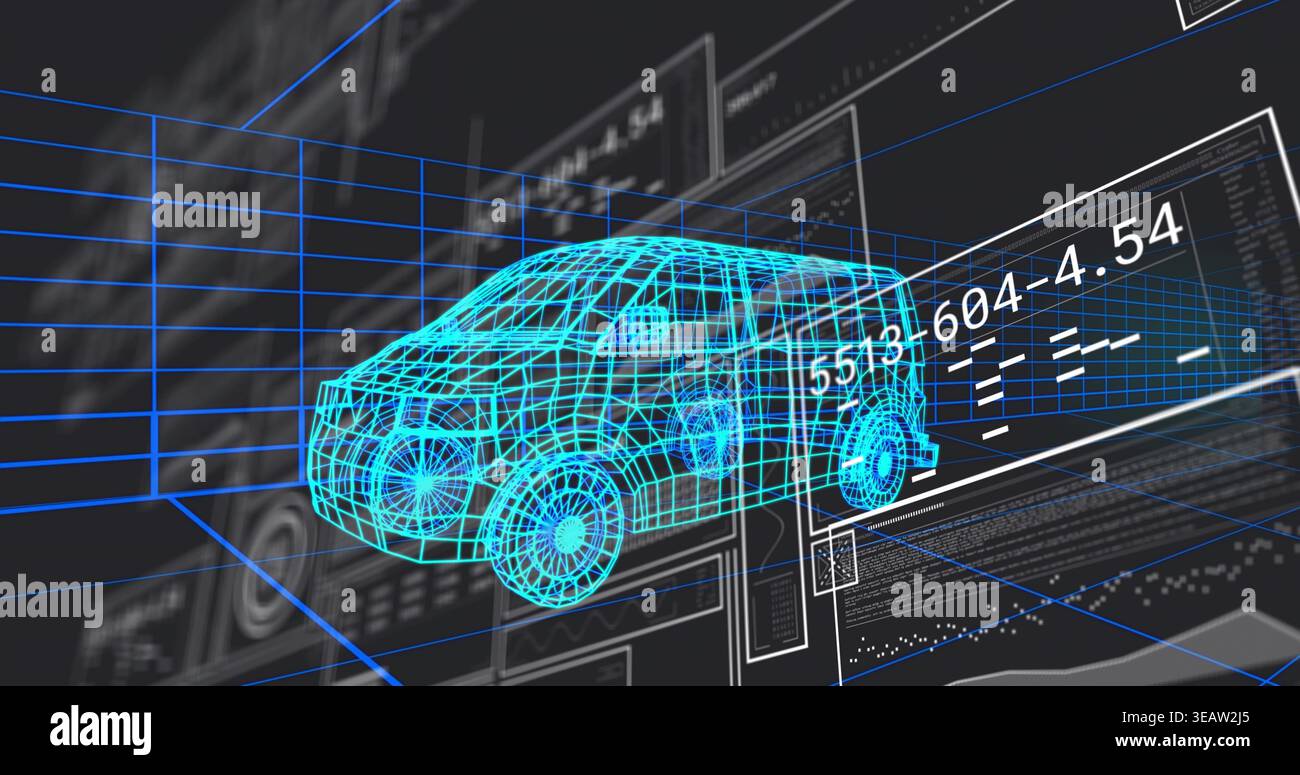Floating neon-cyan wireframe SUV model hovering in virtual simulator, showing HUD readouts Stock Photo