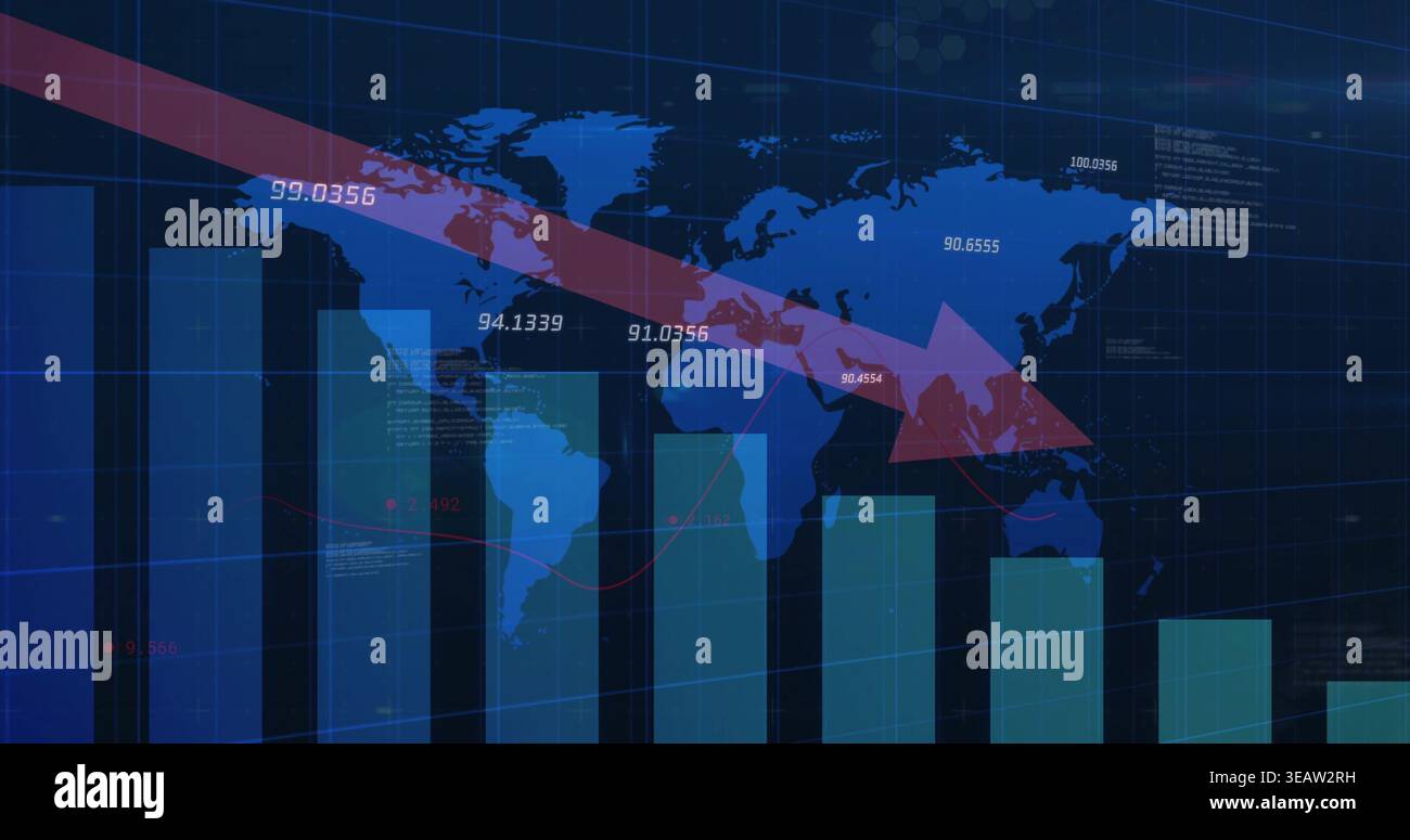 Displaying red downward arrow and tall bar chart declining on world map dashboard, numeric labels Stock Photo