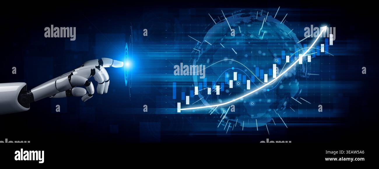 A futuristic robot arm points at a glowing financial graph overlaying a digital globe, representing the intersection of technology and economic growth Stock Photo