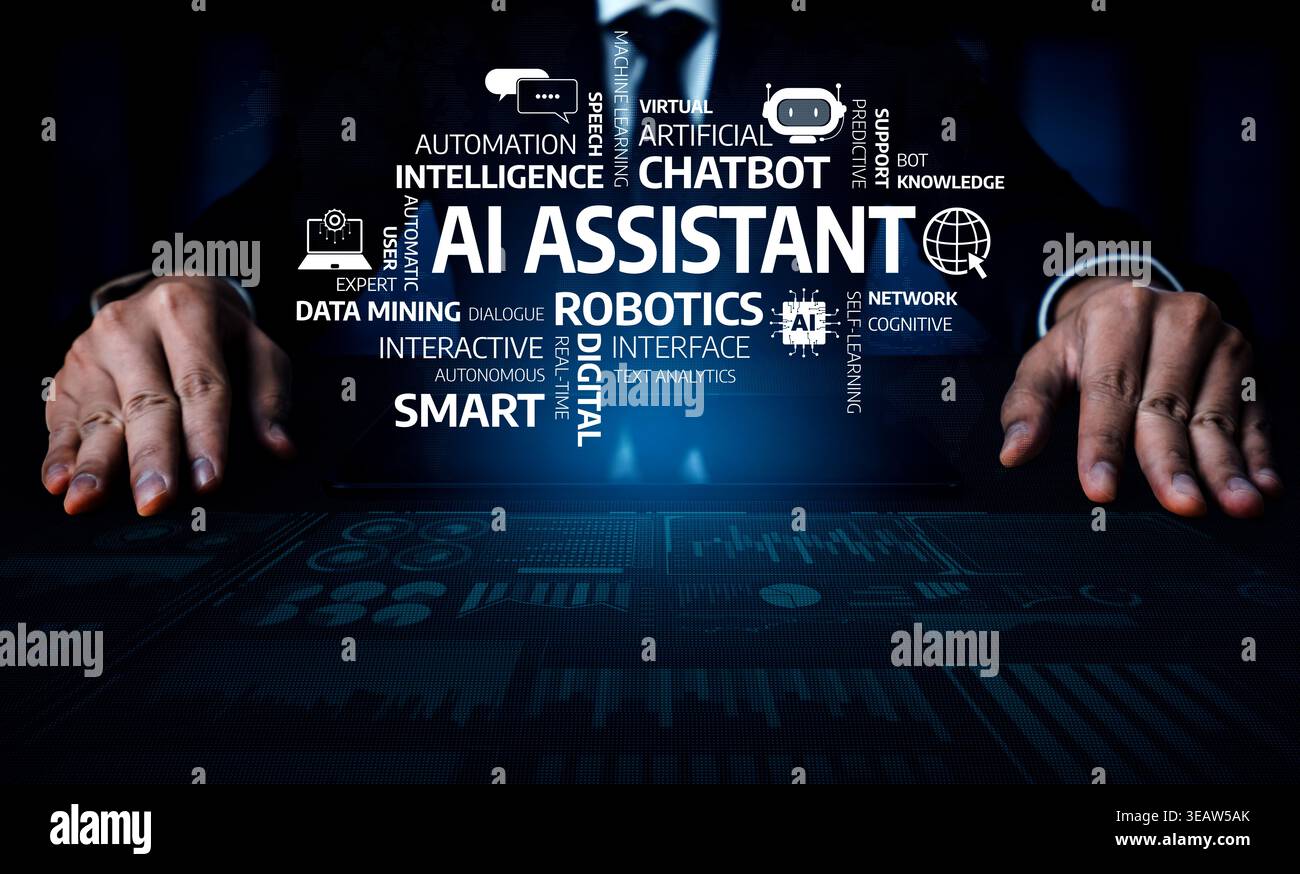 A businessman showcases the concept of AI assistants, integrating technology and data analysis, highlighting the future of robotics and intelligent Stock Photo
