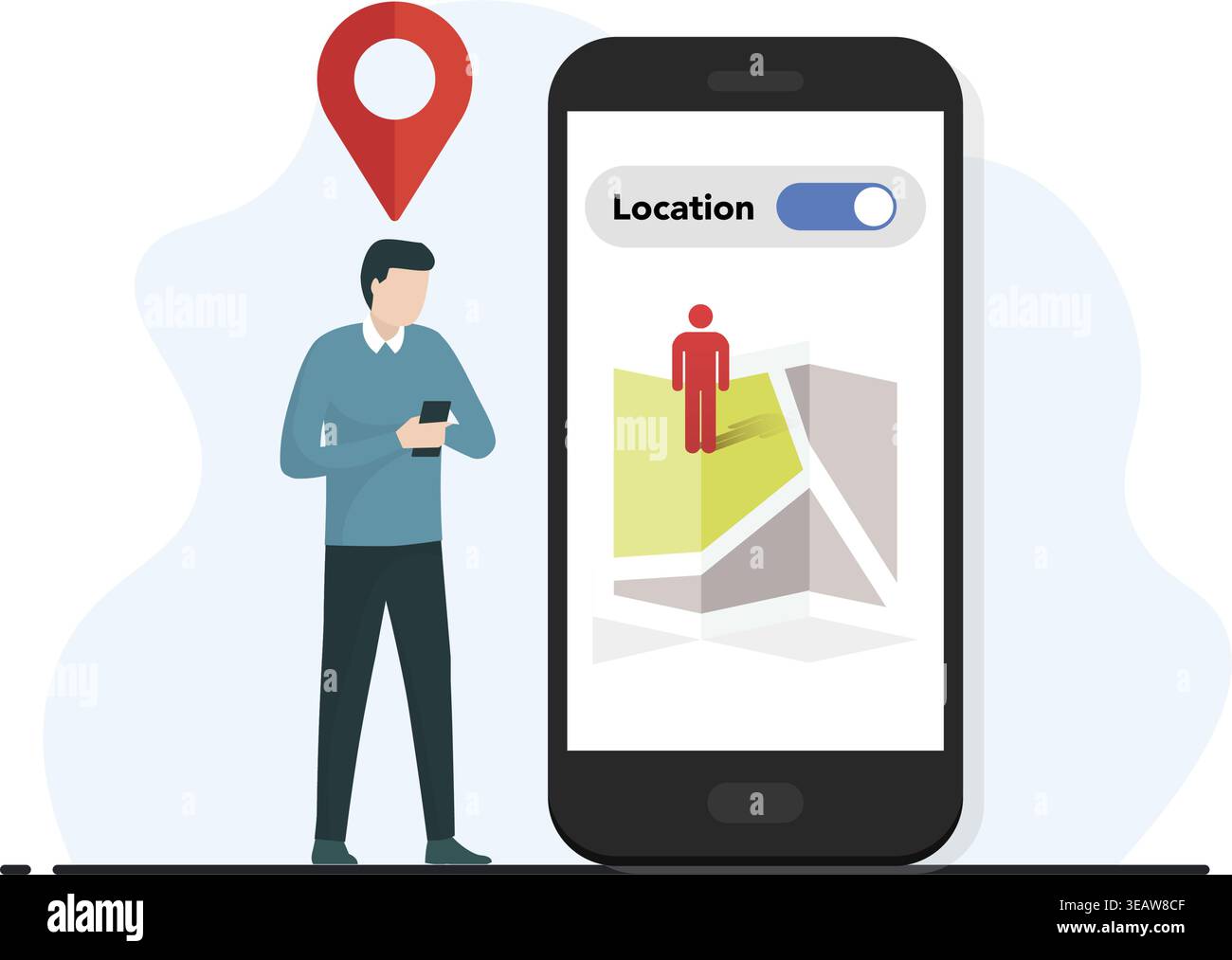 Flat vector of a man tracking his real-time location on a mobile map ...
