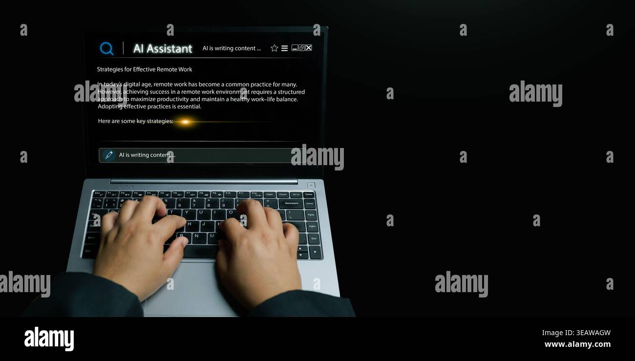 AI assistant concept. Hands using a laptop while artificial intelligence writes professional content about remote work. Large language models, smart p Stock Photo