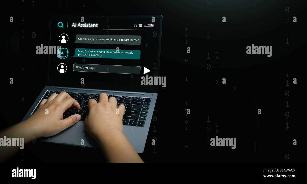 AI assistant concept. Hands using a laptop with a chatbot interface and message bubbles. Large language models, artificial intelligence technology, sm Stock Photo