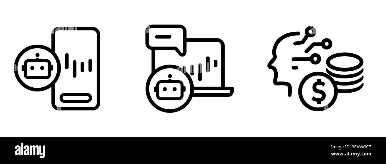 Artificial intelligence AI trading icon set robot assistant on smartphone and laptop screen for algorithmic financial data analysis money investment Stock Vector